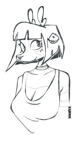 anthro big_breasts breasts cleavage clothed clothing ear_piercing female hair horn jewelry looking_at_viewer piercing short_hair smile solo kimmy_(bbravaa) deer mammal absurd_res bust_portrait hi_res portrait sketch