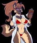 5_fingers anthro arm_tuft big_breasts bikini biped black_background black_body black_fur black_nose breasts brown_body brown_fur chest_tuft claws cleavage clipboard clothed clothing coat dual_holding eyewear female fingers fur glasses hair hip_tuft holding_clipboard holding_object holding_test_tube inner_ear_fluff lab_coat laboratory_equipment laboratory_glassware liquid long_hair marker marker_in_mouth markings multicolored_body multicolored_fur navel nipple_outline paper ponytail reading red_bikini red_clothing red_hair red_swimwear scientific_instrument scientist simple_background skimpy solo spots spotted_body spotted_fur standing swimwear teeth test_tube thick_thighs topwear tuft two-piece_swimsuit two_tone_body two_tone_fur under_boob writing_utensil phuufy dreaj1 brigitte_corduroy hyena mammal spotted_hyena 2020 hi_res