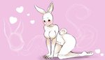 all_fours anthro black_eyes blush breasts featureless_breasts female fur heart_symbol nude pink_background side_view simple_background solo white_body white_fur crescentnocturn beastars haru_(beastars) domestic_rabbit dwarf_rabbit lagomorph leporid mammal oryctolagus rabbit full-length_portrait portrait