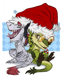 anthro butt_tuft cheek_tuft chest_tuft chibi chin_tuft christmas_clothing christmas_headwear claws closed_smile clothing duo facial_tuft forked_tongue fur green_body green_fur grey_body grey_fur happy hat headgear headwear holidays leg_tuft looking_at_viewer male mouth_closed nude open_mouth open_smile pattern_background red_tongue santa_hat sharp_teeth simple_background smile tail tail_tuft teeth toe_claws tongue tuft white_eyes yellow_eyes riorix christmas sergal 2018 dated hi_res