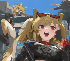 anthro belt blonde_hair bodily_fluids bottomwear breasts clothing crop_top denim denim_bottomwear denim_clothing denim_shorts duo emanata eyebrow_through_hair eyebrows eyelashes eyes_closed eyewear eyewear_on_head female fingerless_gloves flying_sweatdrops fur gloves hair handwear inner_ear_fluff jacket mask midriff navel open_mouth red_eyes shirt shorts sunglasses sunglasses_on_head sweat sweatdrop topwear translucent translucent_hair tuft white_body white_fur yellow_body yellow_fur hood_(james_x) mihoyo zenless_zone_zero burnice_white pulchra_fellini felid feline felis human mammal thiren 2025 absurd_res hi_res unfinished