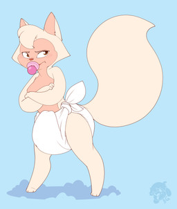 3_fingers 3_toes ambiguous_gender anthro blue_background blush blush_lines clean_diaper cloth_diaper clothed clothing crossed_arms diaper diaper_only feet fingers fur glistening glistening_eyes head_tuft lipstick logo makeup multicolored_body multicolored_fur object_in_mouth pacifier pacifier_in_mouth pink_body pink_fur pink_inner_ear pink_pacifier red_lipstick simple_background solo standing tail tied_cloth_diaper tied_diaper tied_knot toes topless tuft two_tone_body two_tone_fur wearing_diaper white_body white_diaper white_fur white_tail bubblepuppers cats_don't_dance warner_brothers sawyer_(cats_don't_dance) domestic_cat felid feline felis mammal absurd_res artist_logo full-length_portrait hi_res portrait female_(lore)