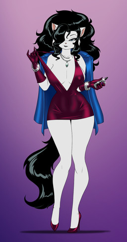 anthro big_breasts black_hair black_lipstick blue_eyes bracelet breasts clothing clothing_pull coat_over_shoulders curvy_figure dress female footwear fur gem gloves grey_body grey_fur hair hair_over_eye handwear high_heels hourglass_figure jewelry lipstick looking_at_viewer makeup maroon_dress necklace nipple_outline pendant red_clothing red_footwear red_high_heels shoes short_dress shoulder_strap simple_background small_waist smile solo teasing vape wide_hips crovirus lisa_(bucky_o'hare) domestic_cat felid feline felis mammal 2026 hi_res
