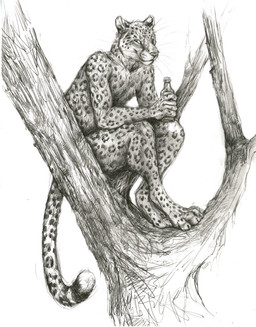 anthro bottle container crossed_legs fur holding_bottle holding_container holding_object in_tree leopard_spots looking_at_viewer male nude nude_anthro nude_male paws plant simple_background sitting solo spots tail tree whiskers white_background kenket felid leopard mammal pantherine 2015 absurd_res hi_res monochrome traditional_media_(artwork)