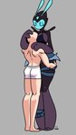 antennae_(anatomy) anthro bald belt_around_leg belt_around_thigh between_breasts big_breasts biped black_body black_skin blue_body blue_skin bottomwear breasts butt butt_grab cleavage clothed clothing daisy_dukes denim denim_bottomwear denim_clothing denim_shorts eyes_closed face_between_breasts female hand_on_butt hand_on_head hand_on_shoulder hotpants hug huge_breasts huge_hips larger_anthro larger_female male male/female mouthless noseless shorts simple_background size_difference small_waist smaller_human smaller_male thick_thighs underwear underwear_only wide_hips leyla0223 ben_10 cartoon_network px_0-25 alien human kineceleran mammal 2025 9:16 hi_res