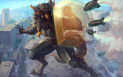 4_fingers 4_toes 5_fingers anthro arm_shield armor armor_only attack attacked black_body black_fur blue_sky city city_background cracked cracked_armor cracked_ground cracked_shield defending defending_city defending_self detailed_background energy_shield feet fingers fur grey_armor grey_body grey_ears grey_fur grey_hair grey_legs hair inner_ear_fluff leaking_armor leaking_oil machine macro macro_anthro macro_male male male_anthro mismatched_finger_count missile missiles oil oil_leak orange_face orange_hair_tips orange_inner_ear_fluff orange_pawpads pawpads plume prosthetic prosthetic_hand protecting_city protogen_armor protogen_visor rubble self-defense self_defense sky smoke solo toes tuft visor admiralobster tensor_(davjo) protogen 16:10 2026 absurd_res hi_res signature widescreen male_(lore)