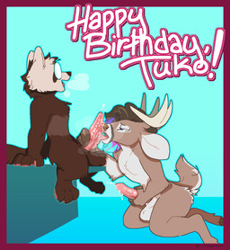anthro antlers balls big_penis blue_background blue_highlights bodily_fluids breath brown_body brown_fur brown_hair brown_hooves brown_nose duo erection eyewear eyewear_only feet fur genital_fluids genitals glasses glasses_only hair half-closed_eyes happy_birthday highlights_(coloring) hindpaw hooves horn kneeling licking male male/male masturbation multicolored_highlights narrowed_eyes nude opaque_glasses oral pawpads paws penile penile_masturbation penis penis_grab penis_lick pink_pawpads pink_penis pink_tongue precum purple_highlights round_glasses scut_tail sex short_tail simple_background sitting snout tail tan_antlers tapering_penis text tongue unguligrade vein veiny_penis wearing_glasses white_body white_fur dyyrlysh kristoffer_everglade tuko_(tukoferret) deer domestic_ferret mammal mustelid musteline new_world_deer true_musteline weasel white-tailed_deer 2026 absurd_res aliasing aseprite_(artwork) cel_shading character_name digital_drawing_(artwork) digital_media_(artwork) english_text hi_res shaded