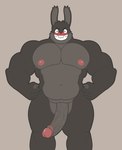 anthro barazoku big_pecs big_penis black_body black_fur erection fur genitals glans humanoid_genitalia humanoid_penis male musclegut muscular muscular_anthro muscular_arms muscular_male navel nipples pecs penis pink_nipples red_body red_fur smile smirk solo teeth thick_thighs vein veiny_penis palchamon yamcha_(palchamon) lagomorph leporid mammal rabbit absurd_res hi_res