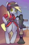 anthro blonde_hair cigarette clothing female gun hair hat headgear headwear ranged_weapon smile solo teeth weapon whoop friendship_is_magic hasbro my_little_pony team_fortress_2 valve derpy_hooves_(mlp) soldier_(team_fortress_2) equid equine horse mammal crossover hi_res