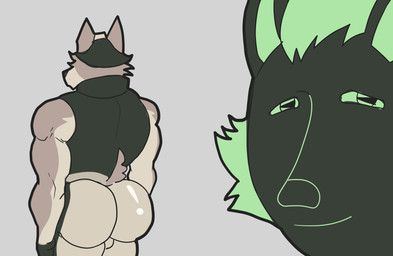 anthro butt clothed clothing duo looking_at_viewer looking_back male male/male parody smile smiling_at_viewer tail pinumontbalou epic_games fortnite mythology cerberus_(fortnite) wendell_(fortnite) canid canid_demon canine canis demon hellhound mammal mythological_canine mythological_creature wolf hi_res meme