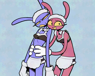 annoyed anthro black_bra black_clothing black_eyes black_underwear bra breasts cleavage clothed clothing crossgender duo eyeliner female gloves hand_on_belly handwear leaning leaning_forward looking_at_another looking_at_viewer maid_headdress maid_uniform makeup mtf_crossgender navel purple_body red_body smile smiling_at_viewer underwear uniform white_clothing white_gloves white_handwear yellow_sclera 20daysapple glitch_productions the_amazing_digital_circus evil_jax_(tadc) jax_(tadc) lagomorph leporid mammal rabbit 2025 digital_media_(artwork)