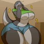 anthro black_body black_tail bodily_fluids breasts clothing featureless_breasts female growth hand_on_face inside solo sweat tail tearing_clothing thick_thighs torn_clothing white_body wide_hips worried psznnp lizard reptile scalie 1:1