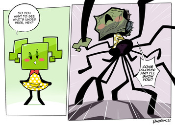 2_panel_comic bedroom_eyes black_arms black_legs black_text blush blush_stickers bow_panties bow_tie bow_underwear clothed clothed_female clothed_humanoid clothing dialogue dress exclamation_point eyebrows eyelashes eyeshadow featureless_hands featureless_legs female female_humanoid green_eyeshadow green_hair hair half-closed_eyes makeup narrowed_eyes not_furry open_mouth open_smile panties pattern_clothing pattern_dress pigtails pink_blush pink_clothing pink_panties pink_underwear pointy_speech_bubble question_mark raised_eyebrow red_bow_tie seducing_viewer seductive shadow smile solo speech_bubble spots spotted_clothing spotted_dress square_(anatomy) square_head standing talking_to_viewer text underwear white_speech_bubble yellow_clothing yellow_dress dangerking11 mario_bros nintendo paper_mario mimi_(paper_mario) arachnid arthropod humanoid spider 2019 artist_name comic digital_media_(artwork) english_text hi_res watermark