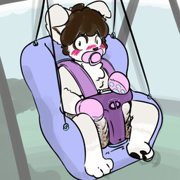 anthro bdsm bondage bound diaper feces harness male mitts object_in_mouth pacifier pacifier_in_mouth soiled_diaper soiling solo stuck swing unclean_diaper used_diaper ludis-luteo canid canine mammal 1:1 absurd_res hi_res