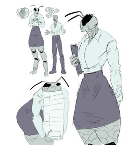 anthro black_bottomwear black_clothing black_eyes black_skirt bottomwear claws clothing compound_eyes exoskeleton female male mandibles muscular muscular_female office_clothing shirt simple_background skirt solo toe_claws topwear white_clothing white_shirt white_topwear sun_bug hornet_girl_(sun_bug) arthropod hornet human hymenopteran insect mammal vespid wasp absurd_res comic hi_res sketch