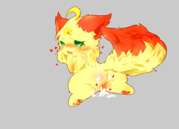 blush bodily_fluids butt chibi cum cum_in_vagina cum_inside cum_on_butt female fur genital_fluids genitals green_eyes grey_background heart_symbol kemono open_mouth red_body red_ears red_fur red_tail semi-anthro simple_background solo tail two_tone_tail vulva yellow_body yellow_fur deaic canid canine fox mammal 2017 hi_res