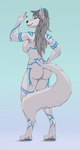 anthro butt complex_markings digitigrade female fur grey_hair grin hair horn looking_at_viewer mane markings nude rear_view scar smile solo white_body white_fur alibiwolf cahriana_(coltron20) canid canine canis demon mammal succubus wolf absurd_res hi_res