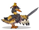 armor avian_feet barefoot beak black_body black_feathers brown_eyes claws feather_hands feathers feet feral holding_melee_weapon holding_object holding_sword holding_weapon knight looking_at_viewer looking_away male melee_weapon membrane_(anatomy) object_on_head orange_beak orange_feet pillow rubber_duck rubber_duck_on_head shadow simple_background smile solo standing sword toes warrior weapon webbed_feet white_background white_body white_feathers yellow_body yellow_feathers criver24 anatid anseriform avian bird duck 2024 absurd_res hi_res