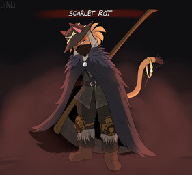 anthro armor cloak clothing covered_mouth dipstick_tail footwear glowing glowing_eyes half-closed_eyes hat headgear headwear knee_pads looking_at_viewer male markings melee_weapon narrowed_eyes polearm red_eyes ring scythe shoes solo tail tail_markings tan_body text weapon jinu elden_ring fromsoftware jinu_(character) tarnished_(elden_ring) domestic_cat felid feline felis mammal 2022 absurd_res digital_media_(artwork) english_text hi_res