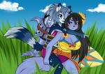 anthro big_breasts black_hair blue_body blue_eyes blue_fur blue_hair breasts carrying_another clothing costume duo female flower fur gesture hair hand_gesture orange_clothing piggyback plant pointing purple_clothing purple_eyes purple_underwear sunflower surfboard tail topwear underwear yellow_clothing yellow_topwear cinnamama league_of_legends riot_games tencent aster_(dfstarfield) lily_(dfstarfield) felid feline mammal digital_media_(artwork) watermark