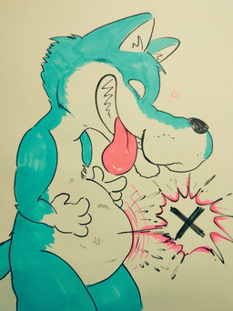 ambiguous_gender anthro bloated bulging_belly grin hand_on_belly heart_symbol looking_down looking_down_at_belly looking_down_at_self smile solo speech_bubble tongue tongue_out vore tsuta canid canine canis mammal wolf