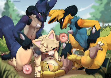 abdominal_bulge animal_genitalia animal_penis anthro anthro_on_anthro anthro_penetrated anthro_penetrating anthro_penetrating_anthro belly_blush bisexual black_body black_fur blep blue_body blue_fur blush bodily_fluids body_blush brown_body canine_genitalia canine_penis cum cum_in_vagina cum_inside doggystyle erection eyelashes eyewear facial_markings facial_tuft female female/female female_penetrated foursome freckled_face freckled_legs freckled_thighs freckles from_behind_position fur genital_fluids genitals glasses glistening_eyelids gloves_(marking) group group_sex hand_on_chest hand_on_partner's_chest head_markings impregnation internal internal_vaginal knot knotted_penis leg_markings long_eyelashes looking_down looking_down_at_partner male male/female male_penetrating male_penetrating_female markings mask_(marking) navel outdoor_nudity outside outside_sex ovum pawpads penetration penile penile_penetration penis penis_in_vagina pink_inner_ear pink_pawpads rectangular_glasses round_glasses saliva saliva_string sex socks_(marking) speckle_freckles sperm_cell spikes spikes_(anatomy) sweat text tongue tongue_out tuft vaginal vaginal_penetration vulva wearing_glasses x-ray_view yellow_body yellow_fur skylosminkan nintendo pokemon abby_(abra) artomis fan_character abra canid canine generation_1_pokemon generation_4_pokemon lucario mammal pokemon_(species) shiny_pokemon absurd_res hi_res url