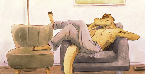 anthro bare_chest bottomwear clothed clothing furniture lizard_tail male male_anthro narrowed_eyes nipples non-mammal_nipples pants sitting smile smiling_at_viewer sofa solo squint sweatpants tail topless topless_anthro topless_male dernooks lizard reptile scalie hi_res
