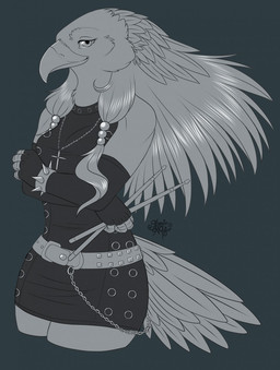 anthro armwear beak belt biped bottomwear bracelet braided_hair breasts chain clothed clothing cross cross_necklace crossed_arms curvy_figure dress drumming_stick eyelashes feather_hair feathers female fingerless_gloves front_view fully_clothed furgonomics gloves grey_background hair handwear holding_object jewelry long_hair looking_at_viewer miniskirt narrowed_eyes necklace non-mammal_breasts percussion_mallet pseudo_hair simple_background skirt smile smiling_at_viewer smirk solo spiked_bracelet spikes tail tail_through_skirt thick_thighs topwear wide_hips starvinartmajor aquilae_(spirix) accipitrid accipitriform avian bird eagle golden_eagle true_eagle 2017 digital_media_(artwork) greyscale hi_res monochrome portrait three-quarter_portrait