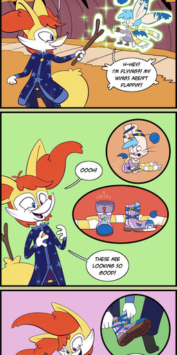 anthro_to_inanimate boots clothing clothing_transformation dialogue duo footwear inanimate_transformation magic male raining scarf shoe_transformation shoes solo_focus text transformation trevor-fox final_fantasy nintendo pokemon square_enix erakir braixen canid canine fox generation_6_pokemon mammal moogle pokemon_(species) 2021 absurd_res comic english_text hi_res long_image tall_image