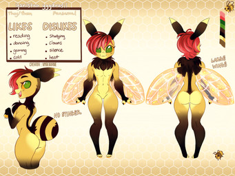 ambiguous_gender anthro arthropod_abdomen femboy fur green_eyes hair neck_tuft red_hair solo text tuft wings yellow_body yellow_fur wybeborne arthropod bee hymenopteran insect 4:3 english_text hi_res model_sheet