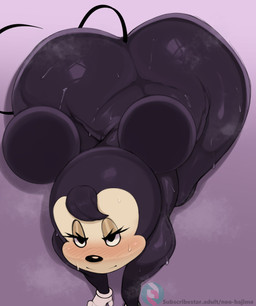 all_fours anthro big_butt biped black_hair black_nose blush bodily_fluids butt clothing eyelashes female glistening_eyelids gloves gradient_background hair half-closed_eyes handwear high-angle_view huge_butt lidded_eyes line_tail narrowed_eyes nude presenting presenting_hindquarters short_hair simple_background smile solo steam sweat tail text thick_thighs thin_tail white_clothing white_gloves white_handwear wide_hips neo_hajime disney minnie_mouse house_mouse mammal mouse murid murine rodent 2023 absurd_res artist_name digital_media_(artwork) hi_res url