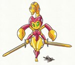 anthro breasts curvy_figure female front_view green_eyes huge_hips jewelry melee_weapon pincers smile solo stinger sword thick_thighs voluptuous weapon wide_hips tansau arachnid arthropod scorpion 2022 hi_res signature