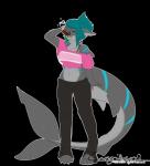 4_toes 5_fingers beverage bra breasts claws clothed clothing energy_drink eyes_closed feet female fingers front_view holding_object non-mammal_breasts raised_arm solo thirsty toe_claws toes underwear avoid_posting zingiber lynn_(lynnshark) fish marine shark hi_res sketch