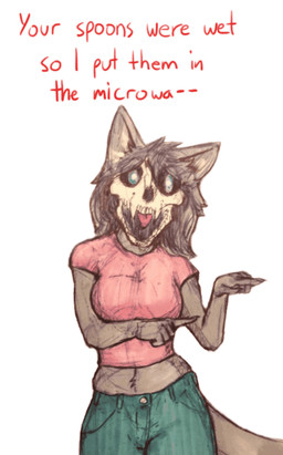 anthro blue_eyes bone bottomwear breasts clothing denim denim_bottomwear denim_clothing explosion female fire gesture grey_body hand_gesture jeans midriff pants pointing simple_background skull skull_head solo text white_background victordantes scp_foundation marsh_(marshthemalo) scp-1471-a canid malo mammal animated english_text