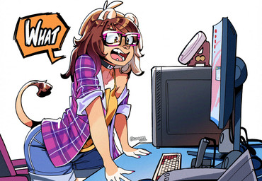anthro blue_bottomwear blue_clothing blue_shorts bottomwear brown_hair clothed clothed_anthro clothed_female clothing colored_fingernails colored_nails computer computer_keyboard denim denim_bottomwear denim_clothing denim_shorts desktop electronics eyewear female female_anthro fingernails fingers flannel_shirt fur gaming glasses hair monitor nails off_shoulder open_mouth shorts solo speech_bubble tail tail_tuft tan_body tan_fur text tuft wearing_glasses white_text luxar92 dandee_(luxar92) felid lion mammal pantherine 2025 adversarial_noise digital_media_(artwork) english_text hi_res