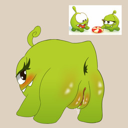 all_fours anus black_eyes bodily_fluids duo female feral genital_fluids genitals green_body looking_at_viewer not_furry presenting presenting_anus presenting_vulva rear_view simple_background teeth vulva eirasnowy cut_the_rope om_nelle om_nom nommie 1:1 hi_res