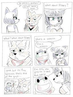 anthro black_eyes blue_eyes breasts cleavage clothed clothing crossgender dialogue female green_eyes group hat headgear headwear male text trio trucker_hat cube_(artist) nintendo star_fox fox_mccloud krystal_(star_fox) slippy_toad amphibian canid canine fox frog mammal toad_(frog) comic english_text hi_res