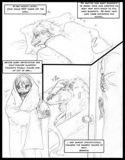 anthro bed bedding black_border blanket border claws duo fur furniture hair pillow shaking shivering sleeping snoring tail text arania the_cabin_in_the_woods_(arania) amanda_(tcitw) jack_(tcitw) armadillo_girdled_lizard felid girdled_lizard lion lizard mammal pantherine reptile scalie comic english_text hi_res monochrome herm_(lore)