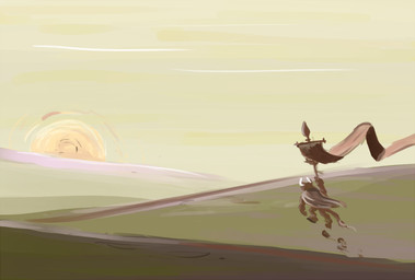 2_horns ambiguous_gender anthro banner biped brown_body cape clothing day footprint head_horn holding_object horn outside plains rear_view sky solo tail walking deriaz bovid bovine cattle mammal full-length_portrait portrait sketch