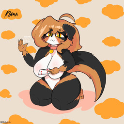 ahoge anthro big_breasts black_body black_fur breasts brown_body brown_fur brown_hair collar female fur hair looking_at_viewer orange_eyes solo tail thick_thighs white_body white_fur wide_hips salchikokokoko canid canine canis domestic_dog mammal 1:1 hi_res