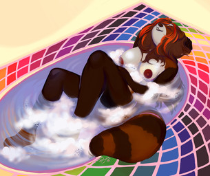 anthro bath bathing bathroom bathtub breasts brown_body brown_fur bubble bubble_bath cleaning dark_nipples eyes_closed female fluffy fluffy_tail fur hair hands_behind_head happy markings nipples nude partially_submerged rainbow red_hair relaxing smile solo striped_markings striped_tail stripes suds tail tail_markings water wet wet_hair undyingsong ailurid mammal red_panda