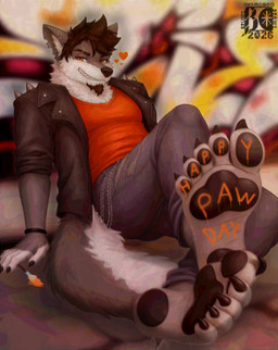 5_toes anthro barbell_piercing barefoot black_bracelet black_claws black_leather black_leather_jacket black_nose black_pawpads black_toe_claws bottomwear bracelet brown_hair brush chain chain_accessory cheek_tuft claws clothing curling_toes denim denim_bottomwear denim_clothing detailed_background ear_barbell ears_up eyebrow_slit eyebrows facial_hair facial_tuft feet foot_fetish foot_focus fur goatee graffiti grey_body grey_fur hair heel_pad humanoid_feet jacket jeans jewelry leather leather_clothing leather_jacket leather_topwear lights male mane multicolored_body multicolored_ears multicolored_fur neck_tuft orange_clothing orange_eyes orange_paint orange_shirt orange_topwear paint paint_on_feet paintbrush painted_feet painted_text pants pawday pawpads piercing plantigrade plantigrade_pawpads shadow shirt sitting soles solo street text text_on_feet toe_claws toes topwear torn_clothing tuft two_tone_body two_tone_ears two_tone_face two_tone_feet two_tone_fingers two_tone_fur two_tone_hands two_tone_tail two_tone_toes white_body white_fur white_mane wolf_tail brunisdraws paw_day redrich_(brunisdraws) canid canine canis mammal mexican_wolf wolf absurd_res colored_line_art detailed english_text full-length_portrait hi_res portrait shaded signature
