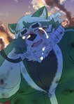 anthro battle_damage blush bodily_fluids bracelet crying fur green_body green_fur jewelry kerchief male overweight solo sunset tears kusarikakemono lifewonders live_a_hero mokdai canid canine canis domestic_dog mammal hi_res