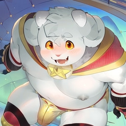 anthro armwear big_bulge blush bulge clothing detailed_bulge elbow_gloves fingerless_gloves fur genital_outline gloves grey_nipples handwear high-angle_view horn looking_at_viewer male musclegut muscular muscular_anthro nipples pecs penis_outline red_eyes slightly_chubby smile smiling_at_viewer solo speedo swimwear tusks white_body white_fur wrestling_belt wrestling_briefs yellow_sclera kupcup_san kings_of_hell enfer_belial bovid caprine caprine_demon demon goat goat_demon mammal 1:1 hi_res
