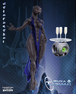 alcohol beverage black_body breasts champagne clothed clothing dress electronics female monitor no_underwear pubic_tattoo skimpy solo tattoo wide_hips womb_tattoo lewdxcube halo_(series) microsoft xbox_game_studios zuya_tarumai_(oc) alien humanoid mammal sangheili 3d_(artwork) absurd_res digital_media_(artwork) hi_res