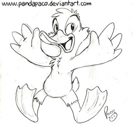 anthro cheek_tuft chest_tuft facial_tuft featureless_crotch front_view logo male male_anthro nude open_mouth open_smile simple_background smile solo text tuft young young_anthro young_male pandapaco anatid anseriform avian bird duck 2015 artist_logo monochrome signature sketch url