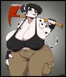 anthro big_breasts black_border black_hair black_makeup border bottomwear breasts canid canine canis cargo_pants clothing dalmatian deonwolf domestic_dog female fire_axe front_view grey_eyes hair hi_res huge_breasts looking_at_viewer mammal mature_female natural_breasts nipple_outline pants portrait sagging_breasts solo tan_bottomwear tan_clothing tan_pants three-quarter_portrait