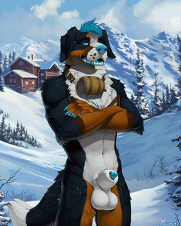 amazing_background animal_genitalia animal_penis anthro balls big_balls biped black_body black_fur black_sheath_slit blue_eyes blue_hair blue_nose blue_penis brown_body brown_fur canine_genitalia canine_penis claws cottage crossed_arms detailed_background finger_claws fur genitals hair male mountain multicolored_body multicolored_fur nude_anthro nude_male orange_body orange_fur outside penis penis_tip sheath sheath_slit snow solo white_balls white_body white_fur white_sheath yellow_sclera truegrave9 canid canine canis domestic_dog mammal mountain_dog 2025 detailed digital_media_(artwork) hi_res portrait three-quarter_portrait