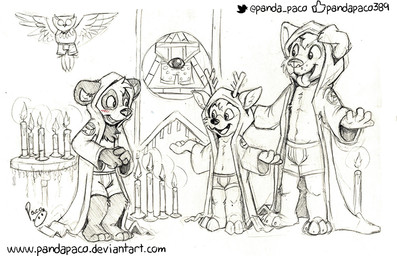 anthro antlers blush candle cheek_tuft clothed clothing facial_tuft floppy_ears grin group horn inside logo male open_clothing open_mouth open_smile open_topwear robe smile standing topwear trio tuft young young_anthro young_male pandapaco parinton bear canid canine deer giant_panda mammal 2017 artist_logo signature spot_color