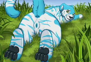 4_toes animal_genitalia animal_vulva anus blue_body blue_fur demonstration feet feline_genitalia feline_vulva female feral foot_focus fur genitals grass grass_field green_eyes hindpaw markings multicolored_body multicolored_fur pawpads paws plant rear_view smile smiling_at_viewer solo striped_markings striped_tail stripes tail tail_markings tiger_tail toes vulva white_body white_fur miuyki icefumy felid feline mammal pantherine siberian_tiger tiger absurd_res digital_media_(artwork) hi_res shaded